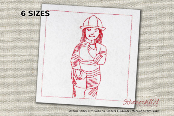 Female Fire Fighter in Uniform Redwork