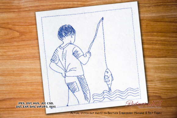 Fisherman with Rod and Fish Redwork